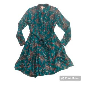 Nanette Lepore Teal Floral Long-Sleeve Shirt Dress
